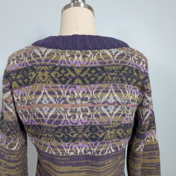 SOL Baby Alpaca Pullover Sweater L Purple Yellow Fair Isle Bow Scoop Soft Bow - Picture 7 of 13